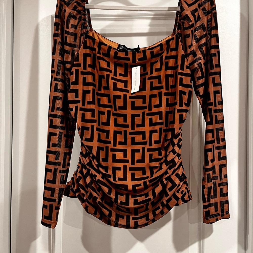 New York & Company Black and Brown Asymmetrical Fitted Blouse